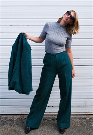 VINTAGE 70S GREEN WOOL TROUSER SUIT