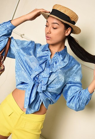 VINTAGE 80S PARIS CHIC SHIMMER RUFFLE BLOUSE TOP IN BLUE