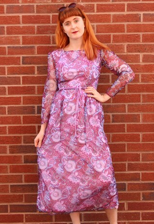 VINTAGE 70'S MIDI DRESS PURPLE PINK PAISLEY FLORAL MESH