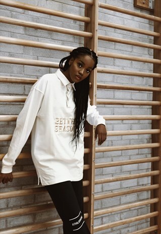WHITE "BETWEEN SEASONS" EMBROIDERED SPORTS TOP WITH COLLAR