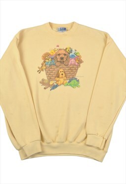 Vintage Puppy Print 90s Sweatshirt Yellow XL