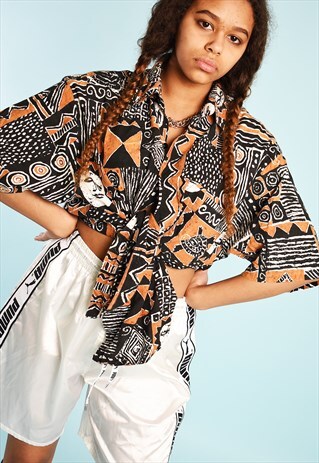 90'S RETRO ETHNIC PRINT OVERSIZED FESTIVAL BLOUSE TOP