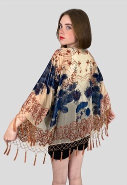 Vintage Style Kimono Brown Tassel Fringed Floral Velvet 