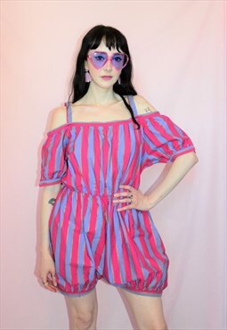 Vintage 80's Striped Puff Sleeve Playsuit Candy Stripe Pink