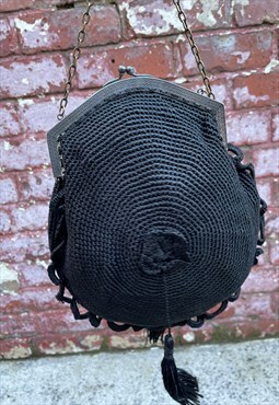 1940s Black Fabric Crochet Evening Bag