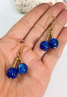 1970's Gold and Colbalt Beaded Drop Earrings