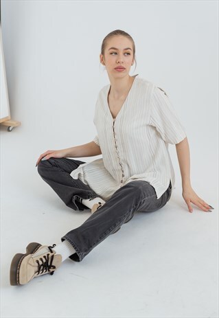 VINTAGE 70S BOHO RELAXED FIT LINEN SHIRT IN CREAM STRIPE M