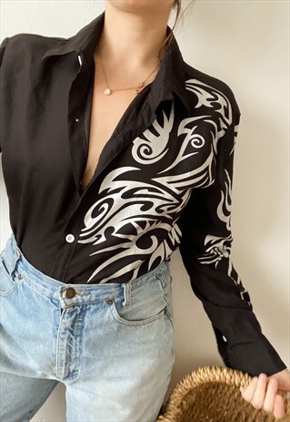 VINTAGE 90S TATOO PRINT 00S SHIRT TOP FESTIVAL BLACK GRUNGE
