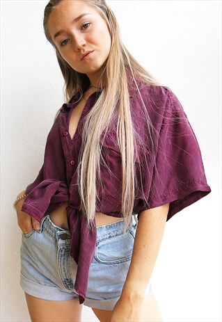 DEEP PURPLE PURE SILK SHORT SLEEVED BOYFRIEND SHIRT