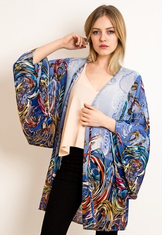 EXCEPTIONAL FLORAL AND TILE PRINT KIMONO KAFTAN CARDIGAN