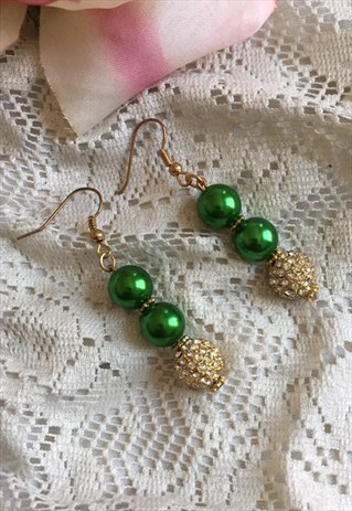 HENNA. SWAROVSKI CRYSTAL AND GREEN GOLD PEARL DROP EARRINGS