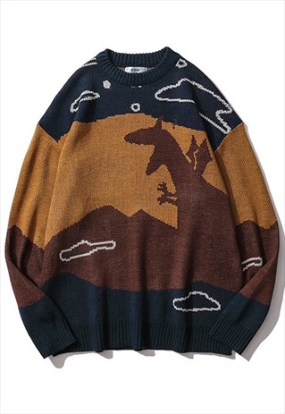 Dragon print sweater y2k statement knitwear jumper in brown | Now ...