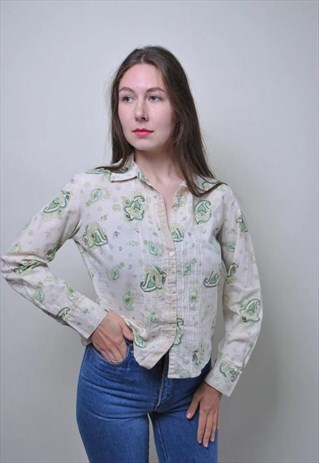 VINTAGE WOMEN BLOUSE, 90S BUTA PATTERN BEIGE CUTE SHIRT