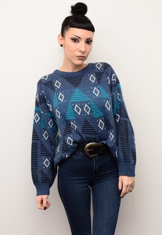 VINTAGE 90'S RETRO INDIE ABSTRACT PATTERNED CHUNKY JUMPER