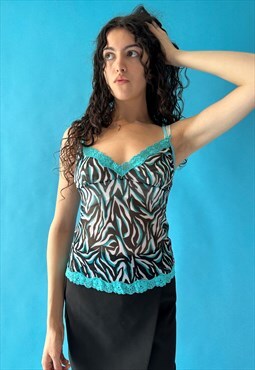 Vintage Y2K 1990s Size S Lace Trim Cami Top in Zebra & Blue.
