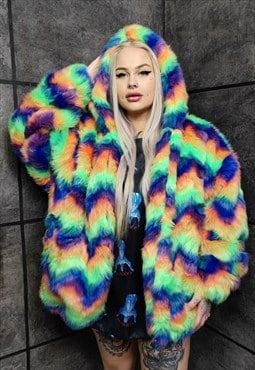 Faux fur rainbow jacket detachable fleece festival bomber