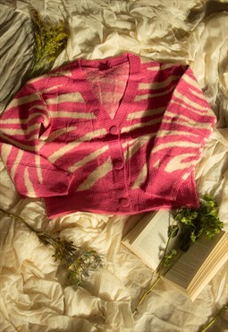Pink Zebra Print Knit Border Cardigan