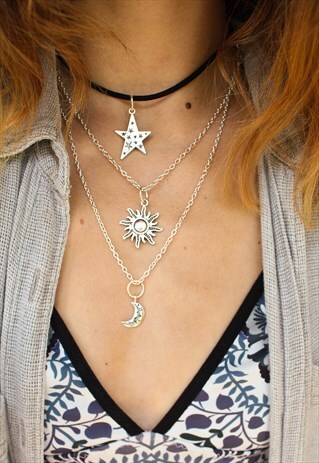 TRIPLE CHOKER NECKLACE SET / STAR, MOON & SUN