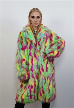 Psychedelic faux fur longline coat festival jacket in green