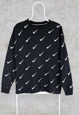 Vintage Black Nike Sweatshirt All Over Print Swoosh Small
