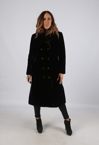 VINTAGE FAUX FUR COAT JACKET FITTED MID LONG UK S 10 (CJ3J)