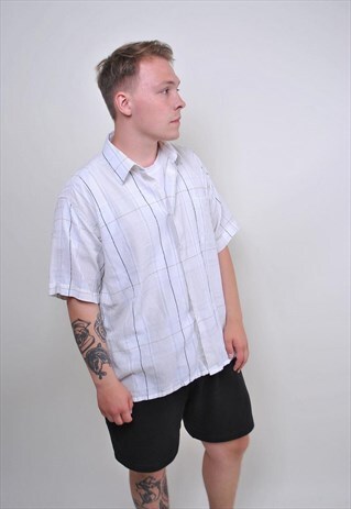 80S WHITE PLAID SHIRT WITH SHORT SLEEVE, SIZE XL