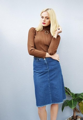 90'S RETRO RAW DENIM CLASSY HIGHWAISTED MIDI MOM'S SKIRT