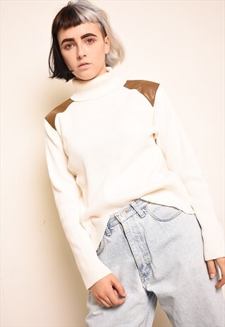 90'S MINIMALIST ROLL NECK FAUX LEATHER DETAILING KNIT JUMPER