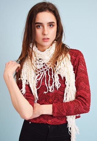 70'S BOHO FRINGED NEUTRAL CROCHET FESTIVAL SCARF SHAWL