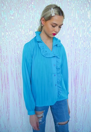 VINTAGE BLUE RUFFLE NECK BUTTON UP BLOUSE