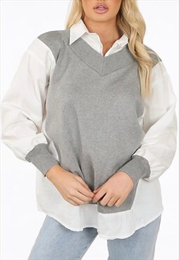 Shirt With V Neck Tabard Knit In Grey