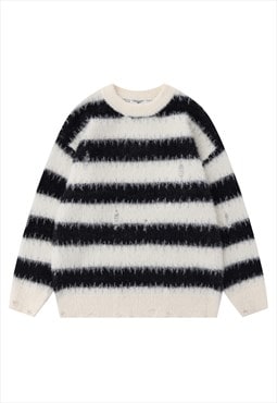 Striped sweater fluffy knit jumper soft fleece white black