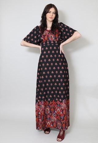 70's Vintage Vera Mont Black Floral Fluted Sleeve Maxi Dress