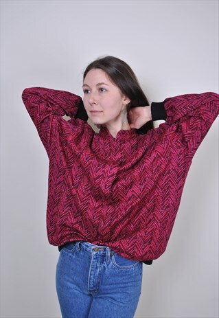 80S MULTICOLOR PINK BLOUSE, VINTAGE ABSTRACT ZIPPED SHIRT
