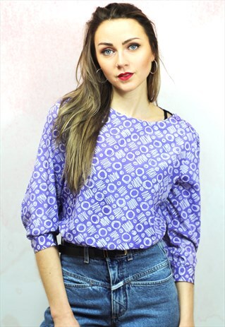1980S VINTAGE PURPLE AND WHITE PATTERNED SILKY BLOUSE