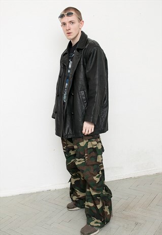 VINTAGE BLACK REAL LEATHER DOUBLE BREASTED OVERSIZED JACKET