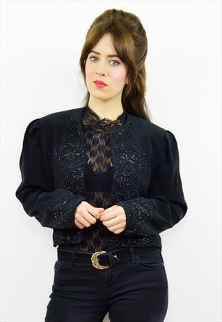 VINTAGE 90S BLACK EMBELLISHED CROPPED PARTY JACKET