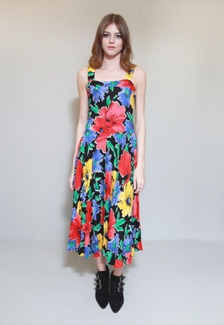VINTAGE 1980'S BLACK VIBRANT FLOWER PRINT MIDI DRESS