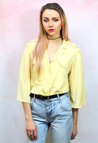 1980S VINTAGE SUNSHINE YELLOW PURE SILK FLUTE SLEEVE SHIRT