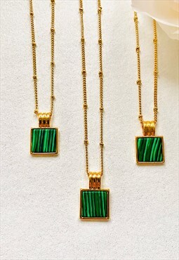 Green Square Malachite Pendant on Beaded Chain 20 inch