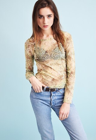 90'S RETRO FLORAL PRINT SHEER MESH KITSCH PARTY TOP