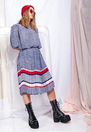 VINTAGE DRESS 80S STRIPED PLEATED SKIRT MIDI DRESS