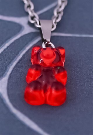 CRW SILVER RED RESIN GUMMY BEAR NECKLACE