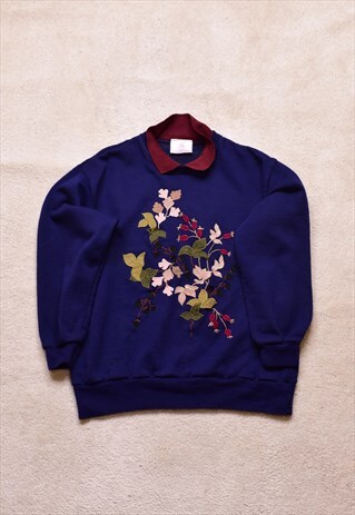 WOMEN'S VINTAGE 90S NAVY FLORAL EMBROIDERED SWEATER