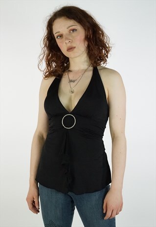 VINTAGE 90S VBLACK HALTERNECK DIAMANTE O RING TOP