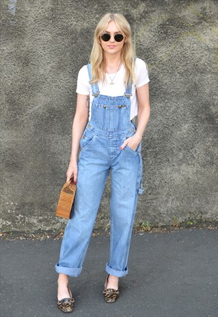 VINTAGE 90S LIGHT BLUE DENIM LONG DUNGAREES / OVERALLS