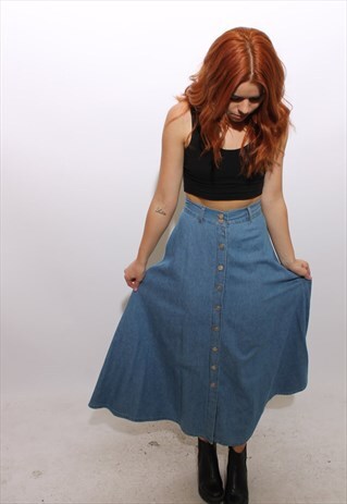 VINTAGE 1990'S 90'S HIGH WAISTED BLUE DENIM MAXI SKIRT XS