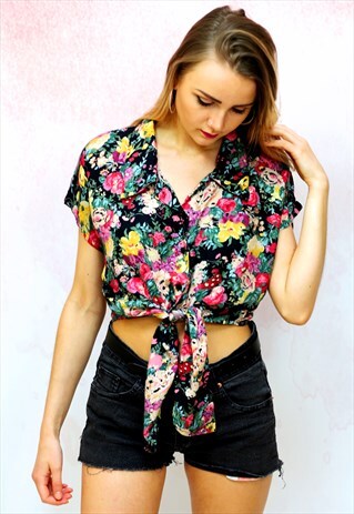 1990S VINTAGE FLORAL TIE FRONT BLOUSE