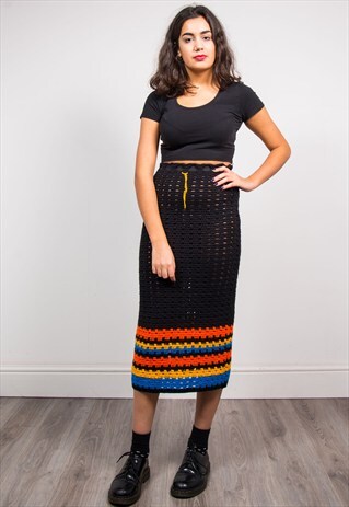 90'S VINTAGE BLACK CROCHET STRIPE HIPPIE MIDI SKIRT