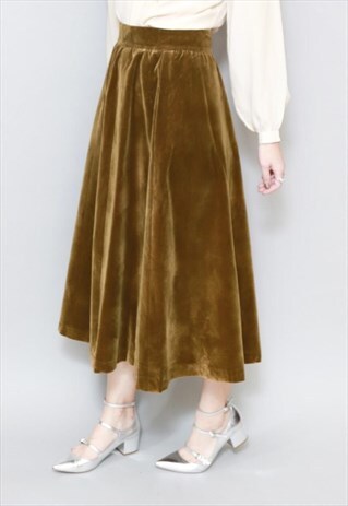 VINTAGE 1970'S STUDIO DRESS OLIVE GREEN VELVET MIDI SKIRT